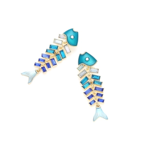 Exaggerated fishbone earrings with blue crystals and gold-plated metal base