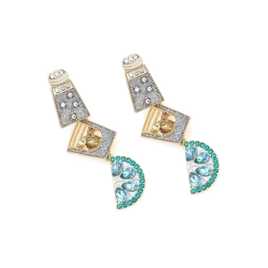 Detail of long drop earrings featuring cocktail shaker and glass with colorful rhinestones