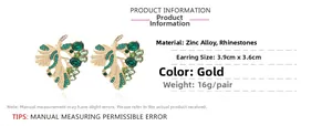 Detailed view of hollow leaf earrings with colorful rhinestones and gold alloy base