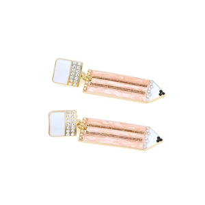 Creative pink enamel pencil drop earrings with sparkling crystals and gold-plated finish