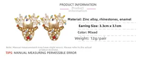 Detailed view of Christmas reindeer earrings with white oil-drip antlers and multi-color crystals