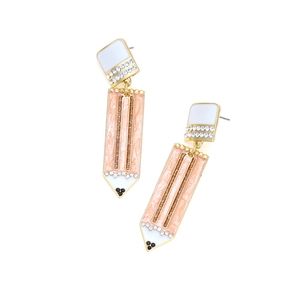Minimalist pink glitter enamel pencil earrings with small crystals and square studs