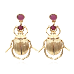 Vintage Gold Plated Alloy Beetle Drop Earrings With Pink Resin Gemstone Exaggerated Bohemian Insect Jewelry For Women