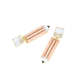 Detail of pink marble enamel pencil earrings with sparkling zircon and black rhinestones
