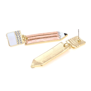 Creative gold pencil earrings with pink enamel and sparkling rhinestones for women