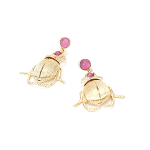 Vintage gold beetle earrings featuring textured metal and purple resin stones