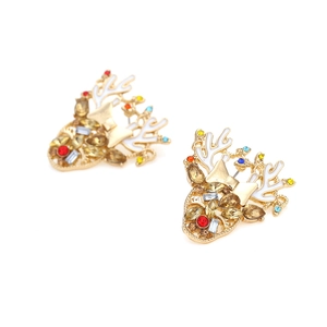 Christmas reindeer stud earrings with gold alloy antlers and colorful rhinestones