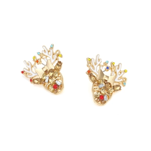 Detail of Christmas reindeer earrings with colorful rhinestones and gold bow