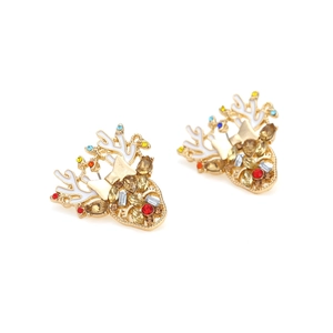 Christmas reindeer stud earrings with colorful rhinestones and white enamel antlers
