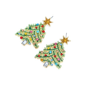 Auffällige Weihnachtsbaum-Ohrhänger mit bunten Kristallen und Sternspitzen auf Goldbasis