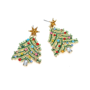 Funkelnde Weihnachtsbaum Ohrringe mit bunten Strasssteinen und grüner Emaille-Oberfläche