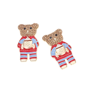 Creative enamel bear earrings with crystals, holding a hot cocoa cup for winter style