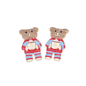Cartoon bear stud earrings with colorful rhinestones and winter sweater design