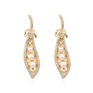 Pea Pod Drop Earrings Gold Alloy With Imitation Artificial Pearl Rhinestone Creative Nature Inspired Statement Jewelry For Women