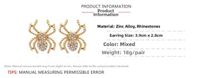 Detailed view of rhinestone spider earrings with measurements 3.9cm length and 2.8cm width