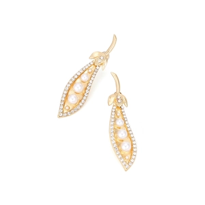 Elegant gold pea pod earrings with pearls and crystals for a creative nature-inspired look