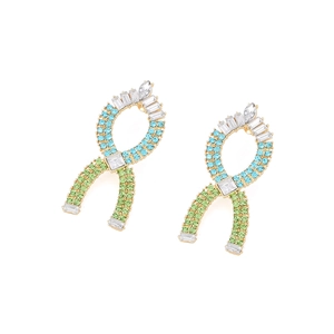Exaggerated geometric earrings with blue and green crystals in elegant gold-plated knot style