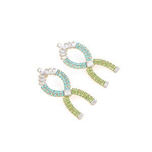 Exaggerated geometric earrings with colorful rhinestones and crystals on gold plating
