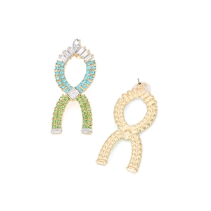 Exaggerated geometric ribbon earrings with colorful rhinestones in a gold-plated setting