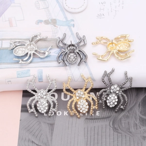 Detailed view of rhinestone spider earrings in gold, silver, and black finish on lookbook