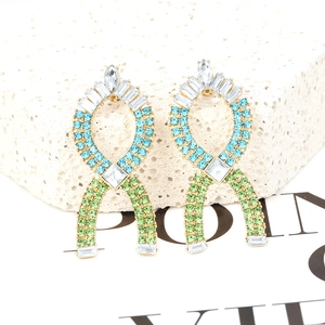 Luxury geometric rhinestone earrings with blue and green crystals on a gold finish