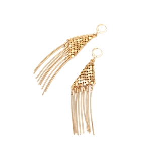 Vintage gold tassel earrings with metal mesh triangle and snake chains for women