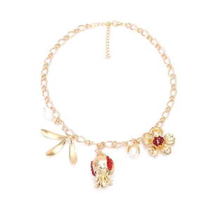 Retro Baroque Pomegranate Flower Leaf Pendant Necklace Women Alloy Red Rhinestone White Imitation Artificial Pearl Bohemian Jewelry