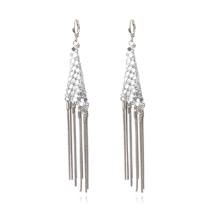 Vintage long tassel earrings with metal scales and snake chain fringe in silver finish