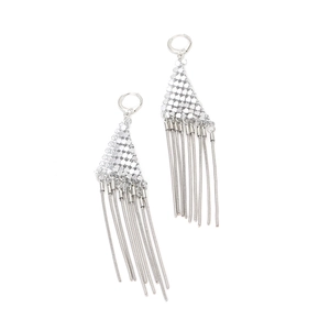 Silver fringe tassel earrings with mesh triangle design and flexible snake chains