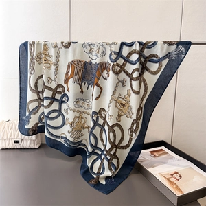 Navy and beige silk-feel square scarf with equestrian horse and chain pattern