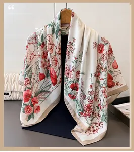 Detail view of large silk scarf featuring red poppy floral prints on white base