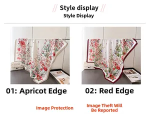 Detail view of floral print faux silk scarves with beige and red borders on soft background