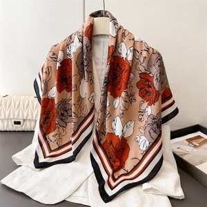 Elegant French rose print silk square scarf with vintage floral design and striped border