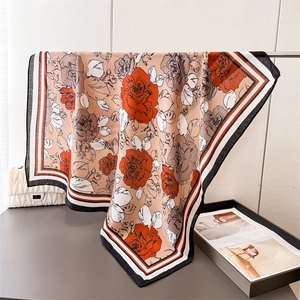 Elegant silk-like square scarf featuring retro rose prints and chic geometric borders