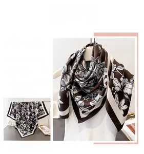 Close-up of vintage floral faux silk square scarf with dark brown rose print design