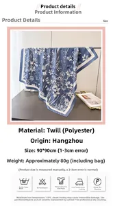 Detail view of floral print silk scarf with 90x90cm size and washing instructions