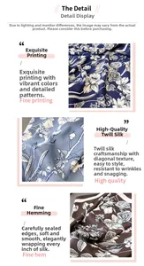 Detail of silk satin scarf showing twill weaving texture and elegant floral prints