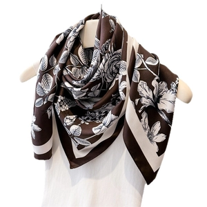 Brown and cream floral silk square scarf featuring realistic rose patterns for women