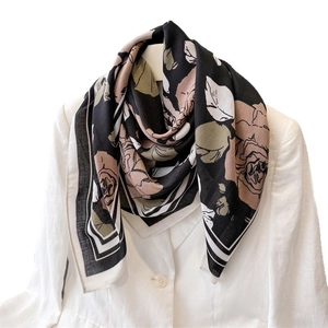 French style floral square silk scarf with rose print on white blazer model
