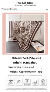 Detail of 90x90cm floral scarf with herringbone weave texture and care instructions