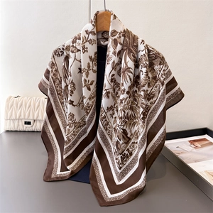 French style silk-like square scarf with floral print and brown striped border