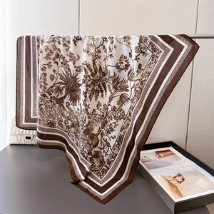 French jungle style silk-feel large square scarf with retro botanical floral print