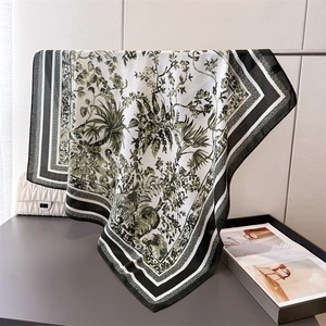 French style silk-like square scarf with green tropical palm and floral patterns