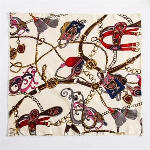 Detail of 50x50cm square silk scarf with classical belt and chain pattern print