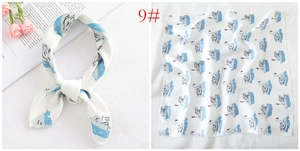 Square silk scarf with blue swan print shown as necktie and flat layout view