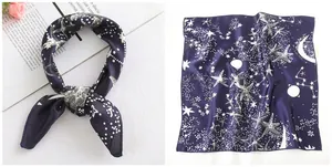 Detailed close-up of dark blue silk scarf featuring celestial moon and star pattern