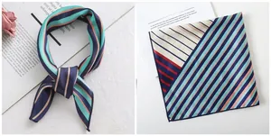 Close-up of multicolored striped silk scarf showing tie styling and hem stitching detail