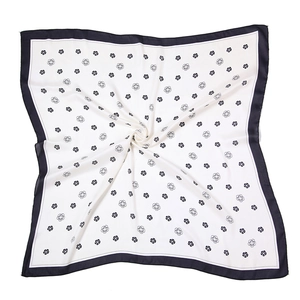 Elegant off-white square silk scarf with black borders and camellia flower print patterns