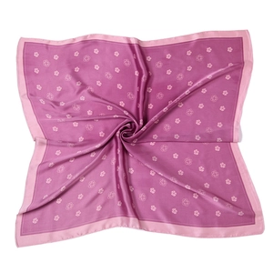 Detail of silk-like square scarf with white floral pattern on a dark purple background