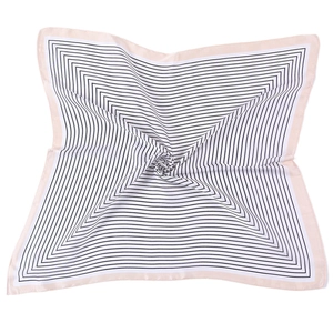 Detail of silk-feel square scarf with black and white geometric lines and pink border